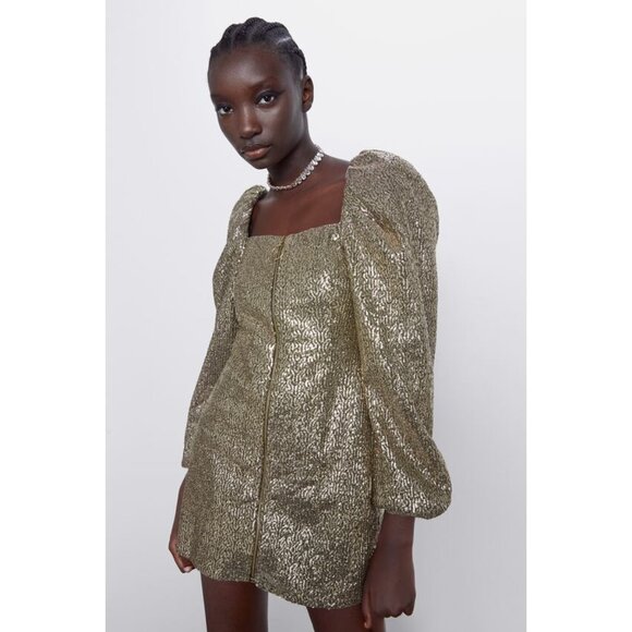 NWT Zara gold sequin zip up bubble sleeve mini holiday dress, XS - Picture 2 of 6